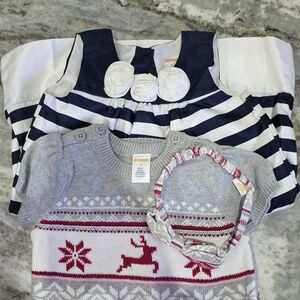 Gymboree Navy and White Striped Dress with Gray Sweater Set